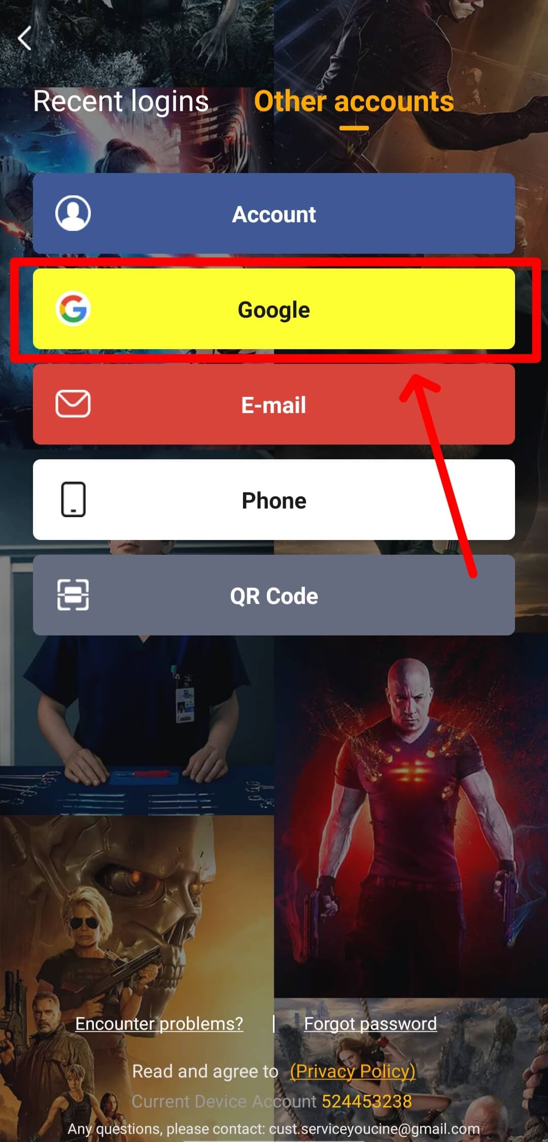 YouCine Login with Google Account